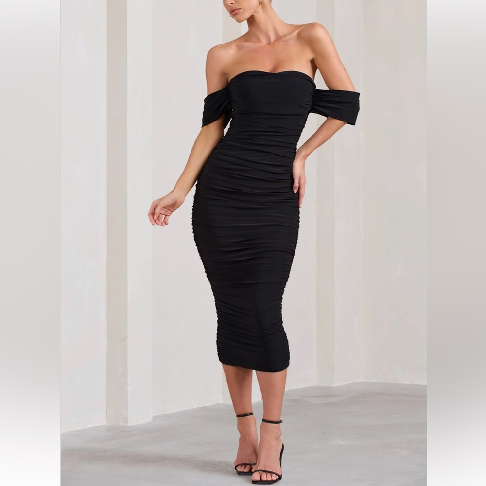 Club L London- Lost of Words Black bardot ruched draped midi dress